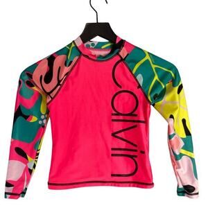 Calvin Klein Girls Pink Multicolor‎ Long Sleeve Rash Guard Swim Top Size S 7 UV